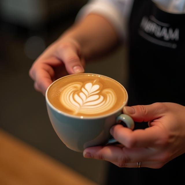 A barista at Marina Mocha creating detailed latte art