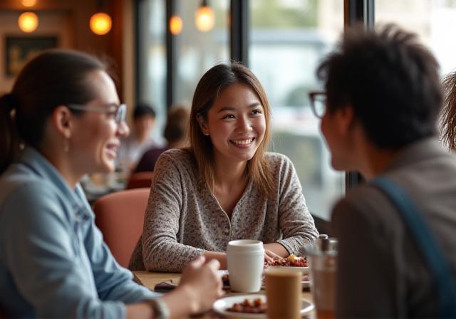 Friends enjoying coffee and conversation at the cafe