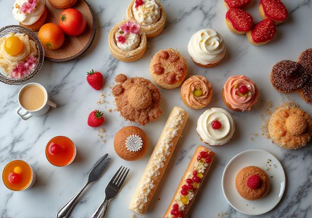 A spread of artisanal pastries on a marble tabletop